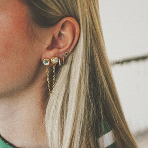 Brooke Loop Earrings- Vintage Antiqued Gold Bezel Stud Post with 18k Gold Filled Sequin Chain Duster Dangle, Double Piercing Earring Gift