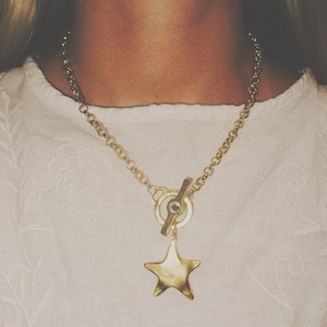 Murphy Necklace- Vintage Antiqued Gold Bezel Toggle Closure with Jumbo Star or Heart Charm on 18k Gold Filled Mini Rolo Chain, Elegant Jewel
