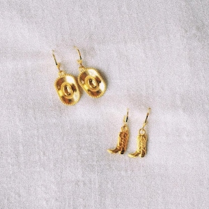 Rodeo Nights Huggies- Gold Cowboy Boot Huggie Hoop Earrings, Western Themed Earrings, Preppy Gameday Jewelry, Cowboy Hat Earrings
