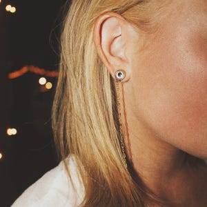 Gold Chain Duster Earrings- Vintage Antiqued Gold Circular Bezel Stud with 18k Gold Filled Dangle Sequin Chain, Elegant Formal Earrings