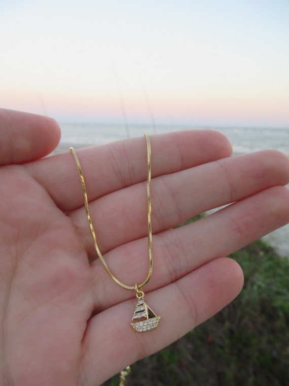 Merliah Necklace Gold CZ Pave Sailboat Charm Necklace On Snake Chain Elegant Surfer Charleston Girl Gift Gold Beachy Layering Necklace