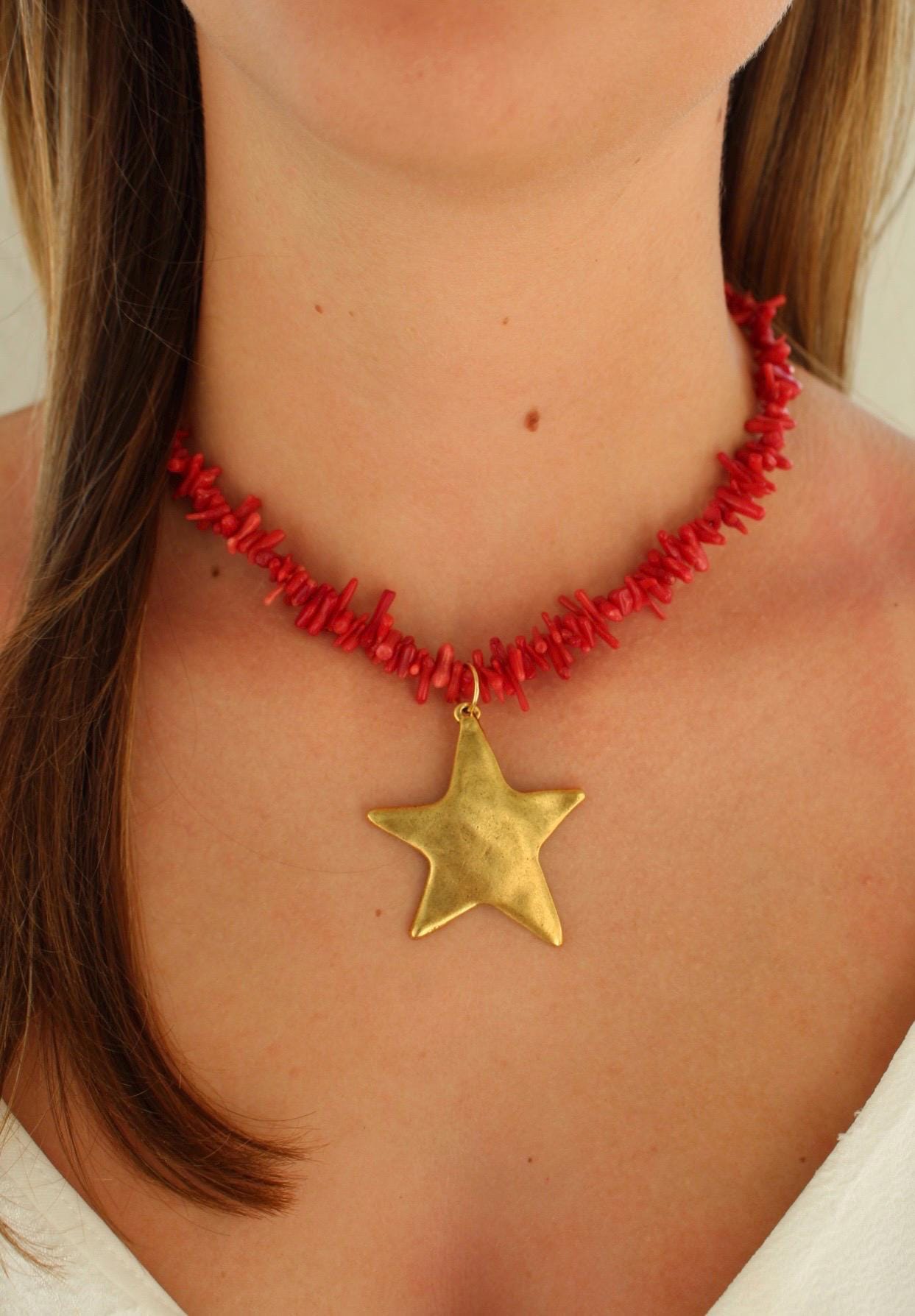 Gulf Shores Coral Chip Necklace- Jumbo Antiqued Gold Star Charm on Red Coral Chip Strand, Perfect Necklace for Summer, Pop of Color Necklace