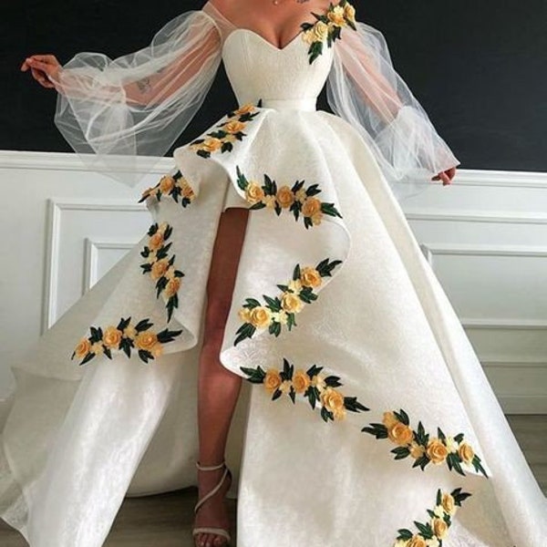 African White Floral Wedding Dress, African Mermaid Wedding Dress, Flower Lace Prom dress, Custom African Wedding Reception Dress