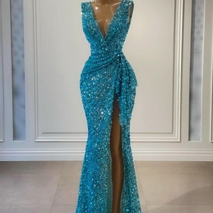 Blue Sequin prom dress, Evening Dresses for women, Prom dress, Sequence dress, African women's wear, Lace dress