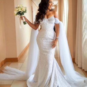 African White Lace Wedding Dress, African Mermaid Lace Wedding Dress, Lace Prom dress, Custom African Wedding Reception Dress,