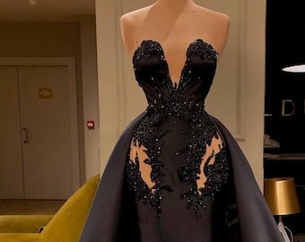 Custom Black African Wedding Reception Gown, Satin black wedding dress, African Lace Wedding Dress, Mermaid Prom Dress, Evening Party Dress