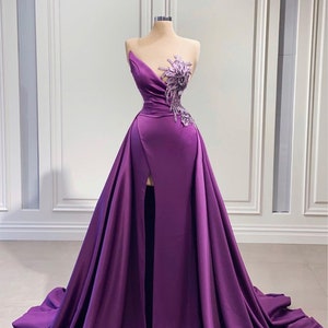 Purple mermaid dress with high slit detachable train,Wedding Reception Dress, Satin & lace wedding dress, African prom dress, Evening Dress