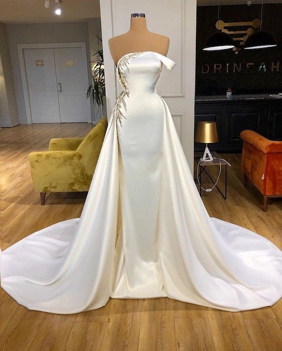 White Silk Wedding Dress, African Mermaid Wedding Dress, Satin