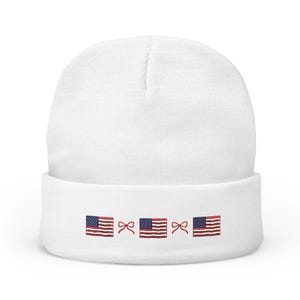 Knit Beanie with Embroidered American Flags, Cozy Winter Hat, Gift for Patriots, Outdoor Accessories, Beanie for Festivals