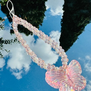 Butterfly Pink Crystal Shiny Phone Straps Wristlets AB Glass Crystals Phone Chain Phone Wristlet Camera strap Lanyard Strap