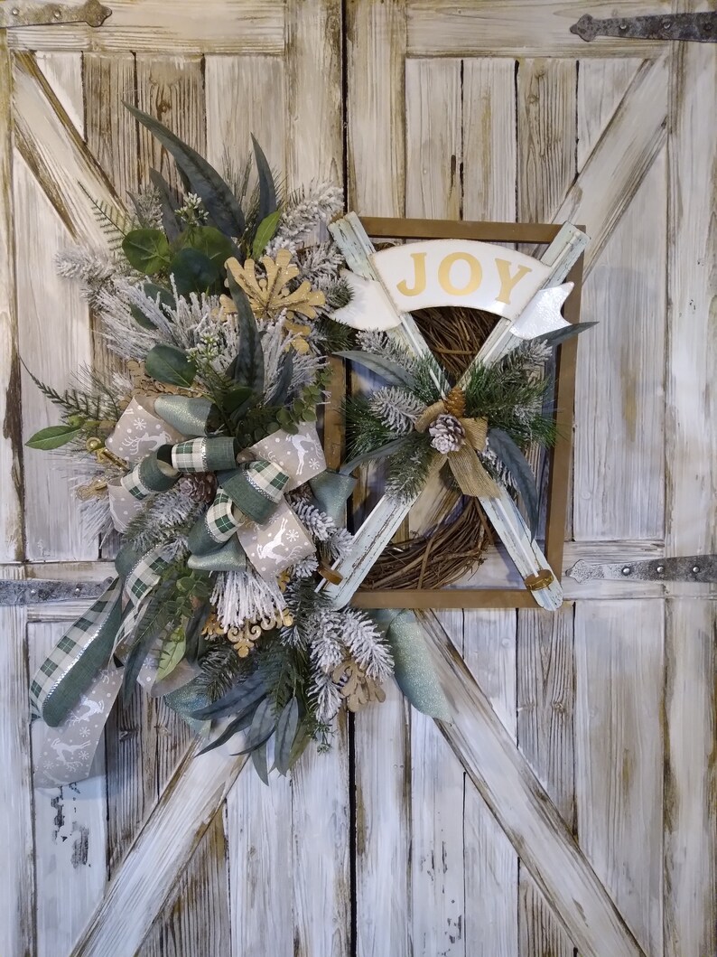 Winter Decor Rustic Farmhouse Decor Vintage Inspired Ski Door Hanger- Front Door Wreath- Christmas Wreath Holiday Wreath Skis