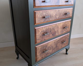 Burr Walnut Chest of Drawers | Hand Painted Green Dresser | Vintage Wooden Drawers | Botanical Lined