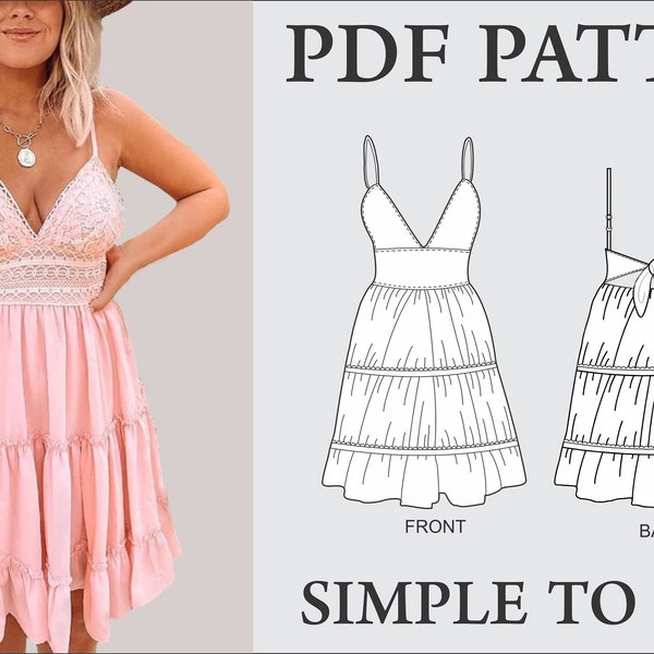 Women's bralette strap tier backless mini dress  | PDF|  summer dresses for women | UK 8-18/ US4-14 |A4/US letter/ printshop bestseller