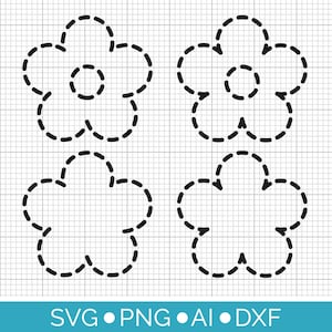 Può includere: Quattro contorni di fiori a tratteggio nero su sfondo a griglia. Ogni fiore ha cinque petali e un cerchio tratteggiato al centro. La parte inferiore dell'immagine include il testo "SVG • PNG • AI • DXF".