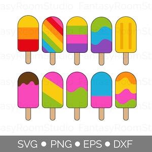 Peut inclure: Dix illustrations de glaces colorées avec différents motifs, dont des rayures et des dégradés. Chaque glace est sur un bâton en bois. Le texte "SVG • PNG • EPS • DXF" est également présent.