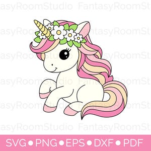 Cute spring baby unicorn SVG, Magical rainbow unicorn clipart PNG, Floral unicorn, Layered SVG cut file