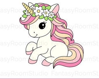 Cute spring baby unicorn SVG, Magical rainbow unicorn clipart PNG, Floral unicorn, Layered SVG cut file