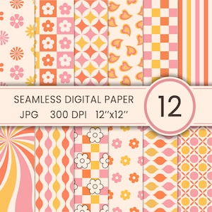 Groovy digital paper, Retro seamless repeat pattern bundle, Commercial use, Instant download