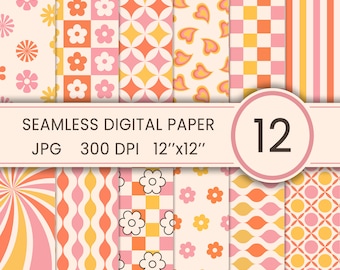 May include: A set of 12 seamless digital papers featuring retro patterns. Designs include flowers, hearts, geometric shapes, and stripes in pink, orange, yellow, and cream. Each paper measures 30.48cm x 30.48cm.