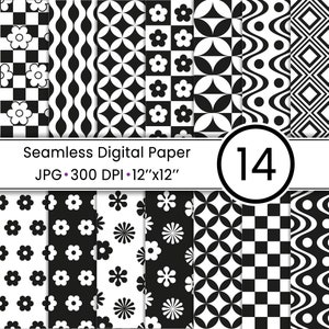 Może przedstawiać: Zestaw 14 cyfrowych papierów z czarno-białymi wzorami geometrycznymi. Wzory obejmują kratki, fale, kwiaty i romby. Tekst "Seamless Digital Paper JPG - 300 DPI - 12"x12" i "14" również znajduje się na obrazku.