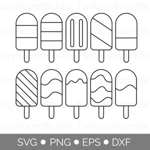 May include: Set of ten black and white outline illustrations of popsicles with different patterns. The popsicles are all the same size and shape, and they are arranged in two rows of five.