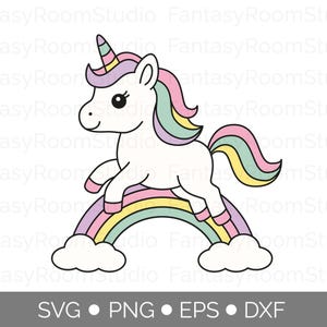 May include: A cartoon illustration of a white unicorn with a rainbow horn, mane, and tail, jumping over a rainbow. The image includes the text "SVG • PNG • EPS • DXF" at the bottom, indicating digital file formats.