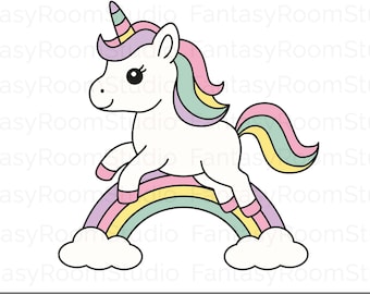 Cute Rainbow and Unicorn SVG, Pastel Rainbow Unicorn Clipart PNG, Layered SVG Cut File