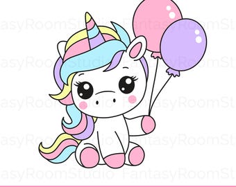 Peut inclure: Une licorne de dessin animé avec une crinière et une queue arc-en-ciel tient deux ballons, un rose et un violet. La licorne est assise et a de grands yeux.
