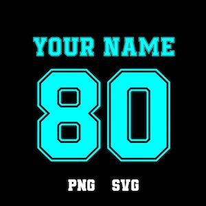 Aangepaste naam jersey, blauw neon sportnummer SVG, png, gepersonaliseerd sublimatieontwerp