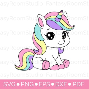 Lindo unicornio bebé SVG, unicornio arcoíris mágico clipart PNG, archivo de corte SVG en capas