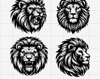 May include: Four black and white illustrations of lion heads with different expressions. The lion heads are facing forward and are in a circular shape.