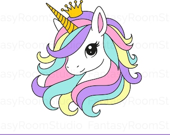 Peut inclure: Une illustration de tête de licorne blanche avec une couronne jaune, une corne rayée jaune et une crinière fluide aux tons pastel rose, violet, jaune et bleu clair. Le design inclut le texte SVG PNG EPS DXF.