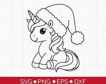 Cute unicorn with Santa hat, Christmas unicorn clipart PNG, SVG cut file for Cricut Silhouette