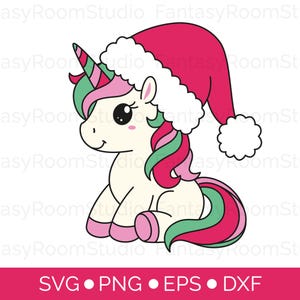 Unicórnio bebê com chapéu de Papai Noel, arquivo de corte SVG em camadas, clipart de unicórnio de Natal PNG