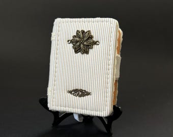 Pocket Size Beige Lace Mini Diary A7, 500 sheets Stripped Junk Journal Handmade, Vintage Shabby Chic Fabric Travel Notebook, gift for her