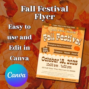 May include: A fall festival flyer with an orange and brown color scheme. The flyer includes the text "Fall Festival" and event details such as the date, time, and location. The flyer also mentions "Pumpkin Patch & Livestock" and "Games Music Food."