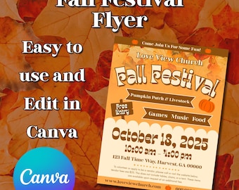 Op de afbeelding: Een flyer voor een herfstfestival met een oranje en bruin kleurenschema. De flyer bevat de tekst "Fall Festival" en evenementdetails zoals datum, tijd en locatie. De flyer vermeldt ook "Pumpkin Patch & Livestock" en "Games Music Food".