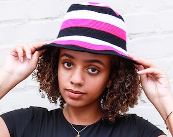 Pink Black White Crochet Fedora | Ethiopian Konso Hat | Color Block Wide Brim Hat | Handmade Unisex Statement Hat