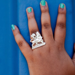 Handmade Lion of Judah Ethiopian Silver Ring with Adjustable Band | Large Statement Ring | Unisex Ethiopian Lion of Judah Ring