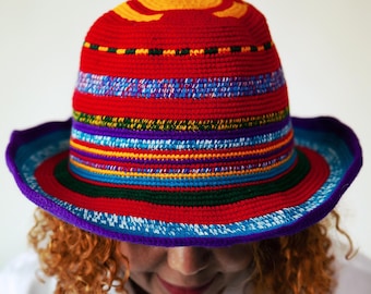 Colorful Crochet Wide Brim Hat | Ethiopian Konso Hat | Red Purple Striped Bucket Hat | Handmade Unisex Sun Hat