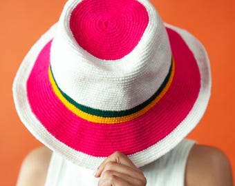 Crochet Fedora Hat | Pink White Wide Brim Hat | Ethiopian Konso Hat | Handmade Colorful Unisex Sun Hat