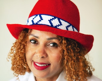 Red Crochet Hat, Ethiopian Konso Hat, Handmade Wide Brim Hat, Unisex Crochet Sun Hat, Red African Hat