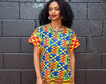 Akua Ankara Tunic | Handmade African Print Tunic Top | Blue, Green, Yellow, Orange  Print | Colorful Tunic