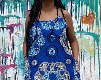 Blue, White, and Turquoise Ankara Print Tank Dress / Tank Top / Tunic  / Summer Dress With Pockets