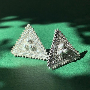 Ethiopian Silver Triangle Stud Earrings: Telsem Design