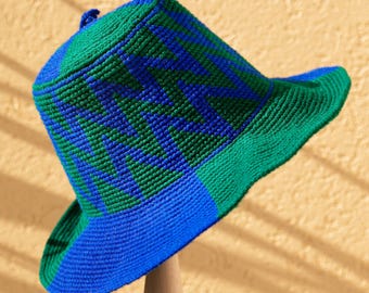Blue Green Crochet Hat, Ethiopian Konso Hat, Handmade Wide Brim Hat, Unisex Crochet Sun Hat, African Hat