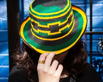 Konso Crochet Hat - Green, Yellow and Black Pattern