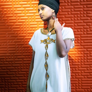 Embroidered Ethiopian Dress - Yellow Embroidery Habesha Dress | Eritrean Long Cotton Dress | Coffee Dress | Kaftan Dress