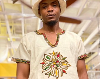 Handmade Embroidered Ethiopian Cotton Shirt: Unisex V-Neck Tunic