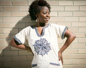 Hand-embroidered Tilf Abujedi Shirt | Cotton Shirt | Unisex Shirt with Pockets | Light Blue Embroidery